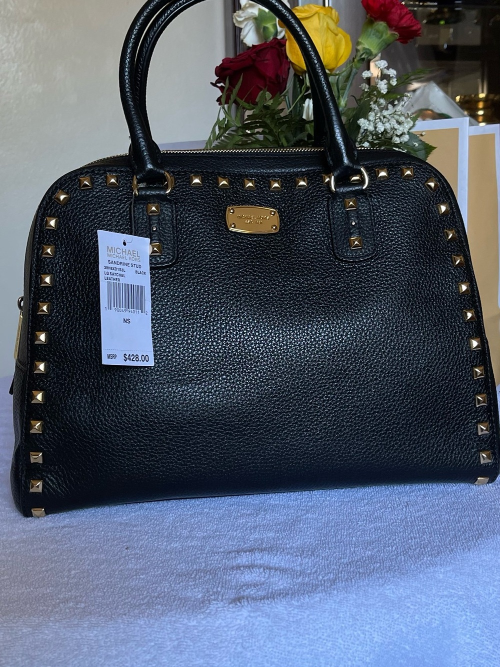 Michael Kors Black Pebbled Leather Satchel with Gold Studs